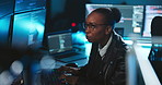 Business, computer and black woman in workplace, cyber security and thinking with software update. African person, programmer or coder with pc, IT technician and hacker with glasses or data analytics