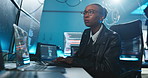 Business, computer and black woman in office, cyber security and thinking with software update. African person, programmer or employee in workplace, pc or research for hacker, coding or IT technician