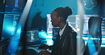 African woman, computer and monitor for cybersecurity at night, code and review with software at office. Person, developer and pc with screen for information technology, programming and protection