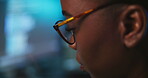 Serious, hacker and woman with glasses, night and programming of cybercrime, online and fraud in office. Coding, criminal and black person with eyewear for phishing, system and reading info for scam
