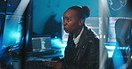 Black woman, computer screen and typing for cybersecurity at office, coding and solution with software at night. Person, developer and monitor for information technology, programming and protection