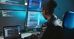 Black woman, computer screen and programming for cybersecurity at office, coding and software at night. Person, developer and monitor for information technology, typing and solution for protection