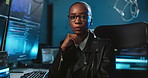 African woman, computer screen and face for cybersecurity at office, night and protection with web services. Person, developer and portrait by pc for programming software at IT agency in Nigeria