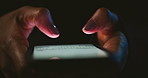 Night, cybersecurity and hands typing with phone for texting, internet troll or person cyberbullying. Dark comment, social media netizen or keyboard warrior for smartphone, online bullying or hacking