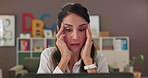 Tired, woman and teacher with headache on laptop for workload pressure, burnout and lesson mistake. Fatigue, person and migraine with online research, teaching fail and brain fog for grading deadline