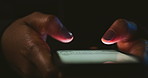 Night, phishing and hands typing with phone for texting, internet crime and person with digital fraud. Password, cybersecurity and hacker with smartphone for online scam, dark web crypto and risk