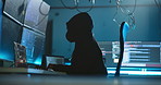 Computer, hacking and person with programming at night in control center for password phishing. Ransomware, technology and coder on website server for crime with database cyber attack for encryption.