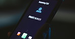 Hands, contact or answer incoming call on phone screen with private number, stranger or anonymous caller. Night, person and smartphone connection with unknown id for phishing scam, networking or spam