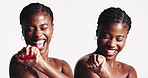 Happy, black woman and squeeze with fruit for skincare, vitamins or nutrition on a white studio background. Female person, model or laughing with smile for natural organic body treatment or detox