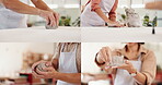 Series, people and hands with pottery class for creativity, craft and molding clay for artwork. Artistic, handmade and ceramic activity with sculpt and shape for texture, group and montage with art
