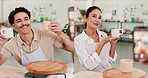 Pottery, workshop and series of people for picture for social media, online post and creative design. Art studio, class and man and woman smile for photo of ceramic hobby, clay object and sculpture