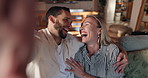 Happy couple, laughing or relax with selfie on sofa for funny joke, moment or memory at home. Man, woman or lovers with smile or hug on couch for picture, photography or fun bonding together at house