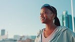 Thinking, athlete or black woman on break in city for fitness, marathon training or exercise health. Confident, ideas or happy runner on road in urban town for workout practice, outdoor jog or sports