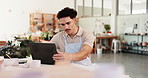 Man, creative and laptop in workshop for pottery, inventory management and clay order. Small business, artisan or entrepreneur typing in startup for ceramics sales, craft checklist or stock supply