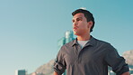 Thinking, athlete and man on break in city for fitness, marathon training and exercise space. Confident, ideas mockup or runner breathing on road in urban town for workout, outdoor jog and sports