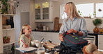Mom, child and eating breakfast for school, nutrition or healthy cereal in kitchen at home. Happy mother, daughter or kid getting ready with smile or packing bag for fiber, lunch snack or vitamins