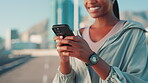 City, woman and hands with smartphone for fitness, workout website and online communication. Outdoor, female person and runner on break with mobile, exercise meme and social media app for laughing