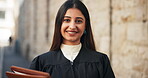 Face, law and judge or woman in city for courtroom schedule, legal statement and justice constitution. Trial report, verdict claims and evidence legislation with female magistrate for legislation