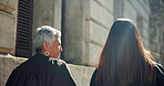 Team, back and judge or women in city for courtroom discussion, legal advisor and justice constitution. Trial collaboration, verdict claims and evidence legislation with magistrate for law case