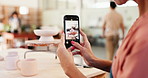 Woman, pottery and phone screen in hands for photography, social media or blog update in workshop. Small business, tech or entrepreneur with ceramic for startup marketing, catalog image or creativity