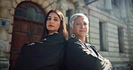 Face, people and lawyer with arms crosse in, city for career confidence, urban justice and court recess. Portrait, women and judge teamwork of trail process, legal procedure and authority for hearing