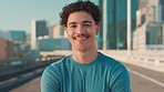 Face, athlete or man with smile in city for fitness, marathon training or exercise health. Confident, portrait or happy runner on road in urban town for workout practice, outdoor jog or sports break