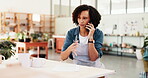 Woman, phone call and planning with pottery, inventory and product manufacturing discussion. Ceramic manager, order and clay pot with stock, designer and small business for studio retail production