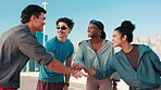 Fitness, huddle and motivation with friends in city together for applause, support or success. Exercise, smile and stack with group of athlete people outdoor for bonding, celebration or training