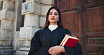 Face, books and judge or woman in city for courtroom schedule, legal statement and justice constitution. Trial report, verdict claims and evidence legislation with female magistrate for law case
