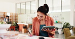 Woman, tablet and planning with pottery, class and schedule checklist for lesson. Ceramic manager, thinking and paperwork with clay pot, stock and designer in small business, studio or retail