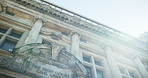 Low angle, building and court for justice or law, sunshine or light for traditional architecture or legal place. Landmark, structure and location for legislation, litigation or magistrate courthouse