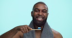 Face, dental toothpaste or man in studio on blue background for smile, wellness or beauty. Portrait, eco friendly or happy African model with routine for brushing teeth, cleaning mouth or oral health