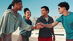 Exercise, huddle and motivation with friends in city together for applause, support or success. Fitness, smile and stack with group of athlete people outdoor for bonding, celebration or training