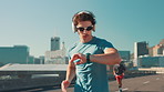 Headphones, athlete and check time with running in city for workout pace, performance monitor and track progress. Man, smart watch and sunglasses for marathon speed, fitness podcast or exercise music