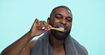 Face, smile or black man brushing teeth in studio on blue background for dental check, wellness or beauty. Portrait, happy or African model in routine for satisfaction, cleaning mouth or oral health