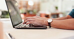 Man, hands and laptop in startup for email, business management and banking software in workshop. Creative, entrepreneur and typing on computer for stock control, online feedback and invoice payment