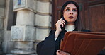 Phone call, law and judge or woman in city for defendant consulting, legal statement and client feedback. Trial advisor, verdict claims and evidence review with magistrate for contact and discussion