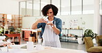Woman, workshop and inspection with pottery, inventory and product manufacturing checklist. Ceramic manager thinking with clay pot, stock and designer in small business, studio and retail production