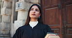 Books, thinking and judge or woman in city for lawyer courtroom, legal statement and justice constitution. Trial report, verdict claims and evidence review with female magistrate for vision and idea