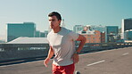 City, man and health with running for fitness, wellness challenge and training for marathon on bridge. Outdoor, male person and runner with endurance for exercise, cardio and jog in morning on road