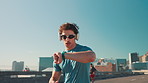 Headphones, athlete and check watch with running in city for workout progress, performance monitor or track speed. Runner, man and sunglasses for marathon training, fitness podcast and exercise music