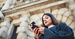 Low angle, woman and smartphone at courthouse with attorney, legal communication or case details online. Lawyer, judge or advocate reading legislation on mobile app, email verdict or person in city