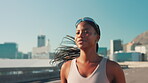 Running, health and fitness with black woman in city for marathon training, speed and cardio challenge. Energy, competition and exercise with person in street for sports athlete, workout and wellness