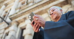 Typing, lawyer and woman with smartphone, outdoor and research for case on website, low angle and online. Browsing, advocate and mature person with mobile for lawsuit, digital and legal info in city