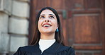 Thinking, lawyer and woman in city, smile and confidence with pride, career ambition and success. Person, outdoor and attorney with happiness, legal aid and female empowerment with court and law firm