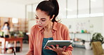 Woman, creative and tablet in workshop for pottery, inventory management and clay order. Small business, writing or mature entrepreneur in startup for ceramics sales, craft checklist or stock supply