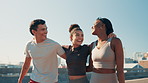 City, happy and friends with hug for fitness, marathon challenge and conversation with laughing. Bridge, man and women with communication for exercise, bonding and walking together after training