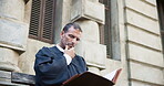 Thinking, judge and file with man in city for trial report, policy legislation and legal documents. Lawyer idea, attorney paperwork and vision with mature person at courtroom low angle for research