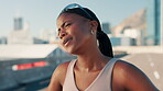Breathing, fitness and stretching with black woman in city for cardio or marathon training. Exercise, fatigue and neck with athlete or runner outdoor in urban town for break and rest from workout