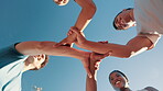 Below, group and people holding hands for fitness support, solidarity and teamwork for exercise goals. Smile, friends and motivation for training, collaboration and sports agreement for workout deal